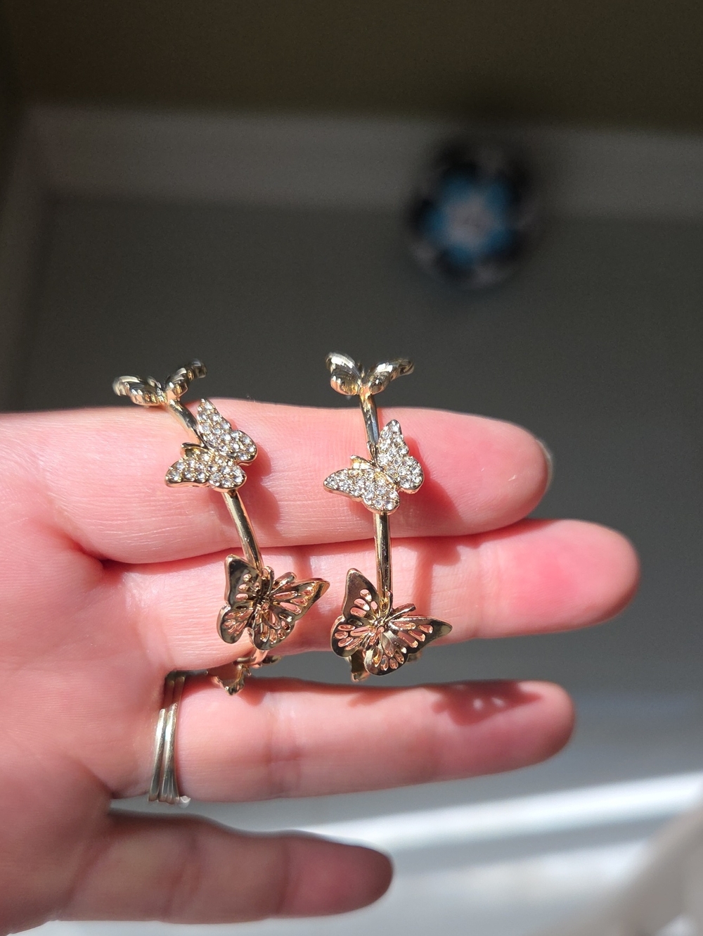 Gold Butterfly Hoop Earrings with Crystal Accents